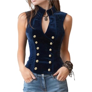 image:imageMakeMeChic Womens Velvet Mock Neck Vest Top Double Breasted Botton Sleeveless Vintage Tank TopsDark Blue