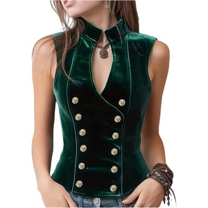 image:imageMakeMeChic Womens Velvet Mock Neck Vest Top Double Breasted Botton Sleeveless Vintage Tank TopsDark Green