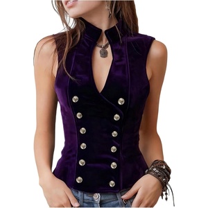 image:imageMakeMeChic Womens Velvet Mock Neck Vest Top Double Breasted Botton Sleeveless Vintage Tank TopsPurple