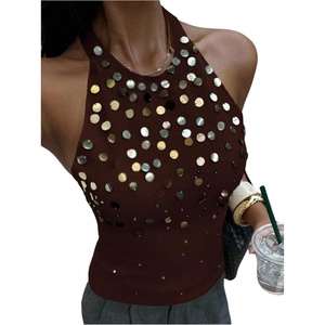 image:imageMakeMeChic Womens Y2K Sequin Halter Tank Top Going Out Sparkly Knit Cami Shirts Summer Sexy Sleeveless TopsCoffee Brown