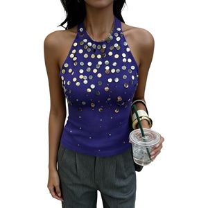 image:imageMakeMeChic Womens Y2K Sequin Halter Tank Top Going Out Sparkly Knit Cami Shirts Summer Sexy Sleeveless TopsDark Blue