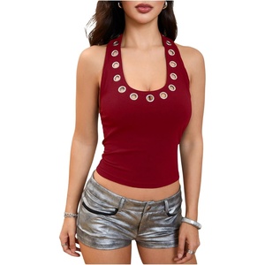 image:imageMakeMeChic Womens Y2k Grommet Eyelet Halter Tank Tops Going Out Backless Sleeveless Tops Basic Cami Crop StreetwearRed