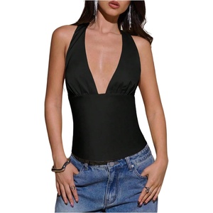 image:imageMakeMeChic Womens Y2k Party Satin Halter Top Tie Open Back Low Cut Fitted TopsBlack