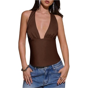 image:imageMakeMeChic Womens Y2k Party Satin Halter Top Tie Open Back Low Cut Fitted TopsCoffee Brown
