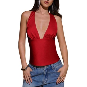 image:imageMakeMeChic Womens Y2k Party Satin Halter Top Tie Open Back Low Cut Fitted TopsRed