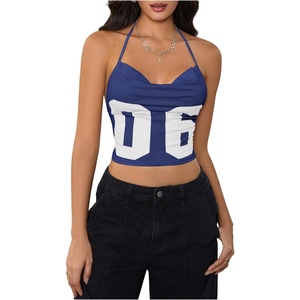 image:imageMakeMeChic Womens Y2k Tops Wolrd Cup Backless Jersey Shirts Summer Halter Draped Tank Crop TopsBlue