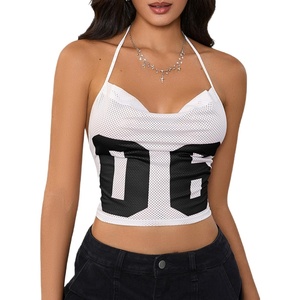 image:imageMakeMeChic Womens Y2k Tops Wolrd Cup Backless Jersey Shirts Summer Halter Draped Tank Crop TopsWhite Black