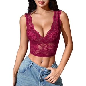 image:imageWomens Floral Lace V Neck Tank Sleeveless Scallop Date Night Crop TopsBurgundy