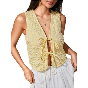 image:imageWomens Floral Tie Front Vest Outerwear Sleeveless V Neck VestsYellow