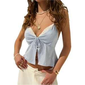 image:imageWomens Striped V Neck Embroidery Halter Crop Tops Tie Front Ruffle TankBlue