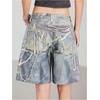 image:imageMakeMeChic Womens Chain Print Jean Shorts Wide Leg Low Waisted Y2k Loose Denim Shorts Jorts StreetwearBlue