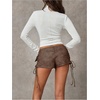 image:imageMakeMeChic Womens PU Leather Micro Shorts Lace Up Ruched Low Waist Belted Y2K Rave Going Out Shorts Concert OutfitsCoffee Brown