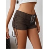 image:imageMakeMeChic Womens PU Leather Micro Shorts Lace Up Ruched Low Waist Belted Y2K Rave Going Out Shorts Concert OutfitsPubrown