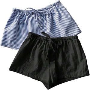 image:imageMakeMeChic Womens 2 Pack Linen Shorts Striped Gingham Summer Beach Pajama Boxer ShortsBlack