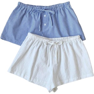 image:imageMakeMeChic Womens 2 Pack Linen Shorts Striped Gingham Summer Beach Pajama Boxer ShortsBlue White