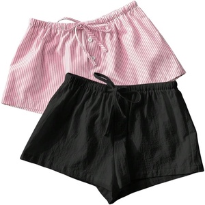 image:imageMakeMeChic Womens 2 Pack Linen Shorts Striped Gingham Summer Beach Pajama Boxer ShortsPink Striped Black