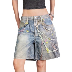 image:imageMakeMeChic Womens Chain Print Jean Shorts Wide Leg Low Waisted Y2k Loose Denim Shorts Jorts StreetwearBlue