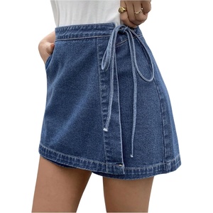 image:imageMakeMeChic Womens Denim Shorts Wrap Tie Wide Leg Summer Y2K Jean Skorts with PocketDark Wash