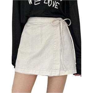 image:imageMakeMeChic Womens Denim Shorts Wrap Tie Wide Leg Summer Y2K Jean Skorts with PocketWhite