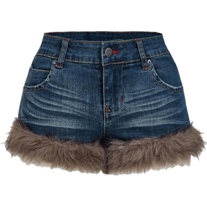 image:imageMakeMeChic Womens Faux Fur Denim Shorts Low Waist Punk Skinny Micro ShortsDark Wash