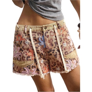 image:imageMakeMeChic Womens Floral Cheetah Print Denim Shorts Raw Trim Drawstring Wide Leg Boho JortsKhaki