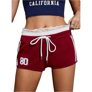 image:imageMakeMeChic Womens Floral Lace Number Print Shorts Drawstring Workout Track ShortsRed