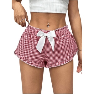 image:imageMakeMeChic Womens Gingham Plaid Shorts Bow Front Frill Trim Ruffle Y2K Mini Pajama ShortsRed
