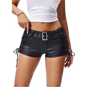 image:imageMakeMeChic Womens PU Leather Micro Shorts Lace Up Ruched Low Waist Belted Y2K Rave Going Out Shorts Concert OutfitsBlack