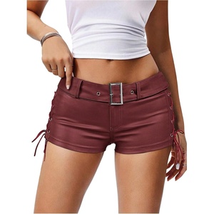 image:imageMakeMeChic Womens PU Leather Micro Shorts Lace Up Ruched Low Waist Belted Y2K Rave Going Out Shorts Concert OutfitsBurgundy