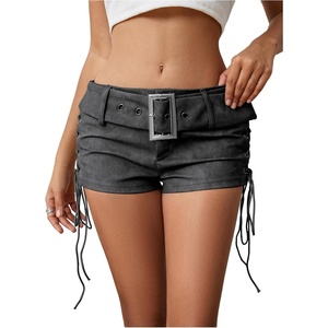image:imageMakeMeChic Womens PU Leather Micro Shorts Lace Up Ruched Low Waist Belted Y2K Rave Going Out Shorts Concert OutfitsDark Grey