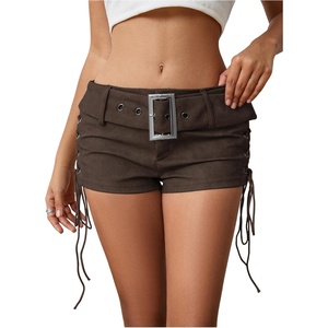 image:imageMakeMeChic Womens PU Leather Micro Shorts Lace Up Ruched Low Waist Belted Y2K Rave Going Out Shorts Concert OutfitsPubrown