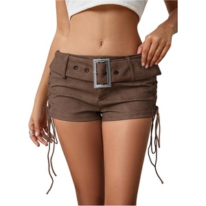 image:imageMakeMeChic Womens PU Leather Micro Shorts Lace Up Ruched Low Waist Belted Y2K Rave Going Out Shorts Concert OutfitsRust Brown