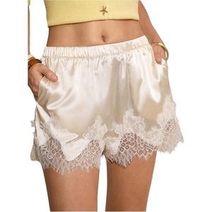 image:imageMakeMeChic Womens Satin Lace Shorts Summer Wide Leg Lounge Pajama Silk Mini ShortsApricot