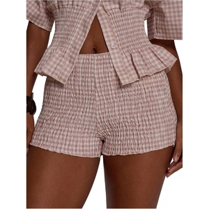 image:imageMakeMeChic Womens Summer Plaid Gingham Shorts Low Waist Smocked Mini ShortsPink