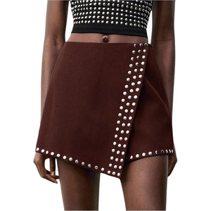 image:imageMakeMeChic Womens Summer Punk Y2K Rivet Studded Micro Shorts Wrap Low Waisted Wide Leg Mini SkortsRust Brown