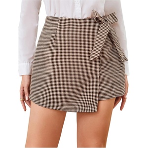 image:imageMakeMeChic Womens Summer Wrap Dressy Shorts Business Casual Tie Plaid Mini Skirt Work Office Skort Wedding GuestBrown