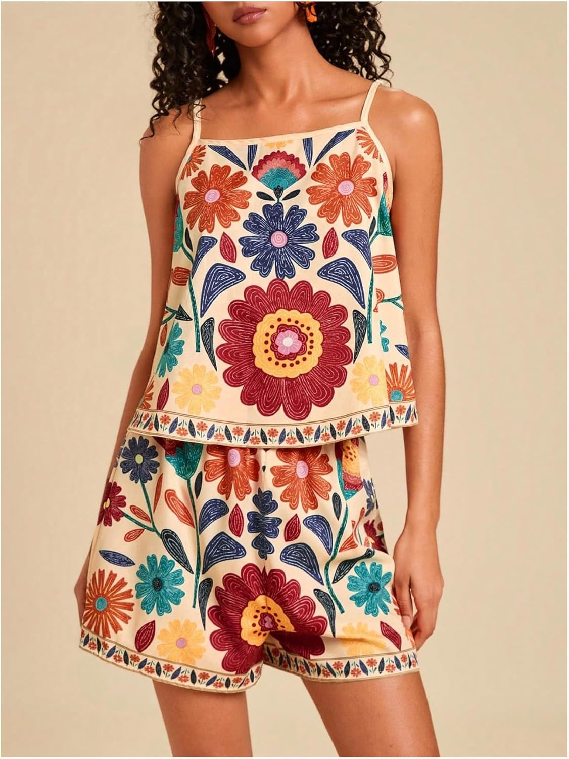 image:imageMakeMeChic Womens 2 Piece Sets 2026 Summer Matching Lounge Short Set Tropical Resort Travel Vacation OutfitsMulticolor