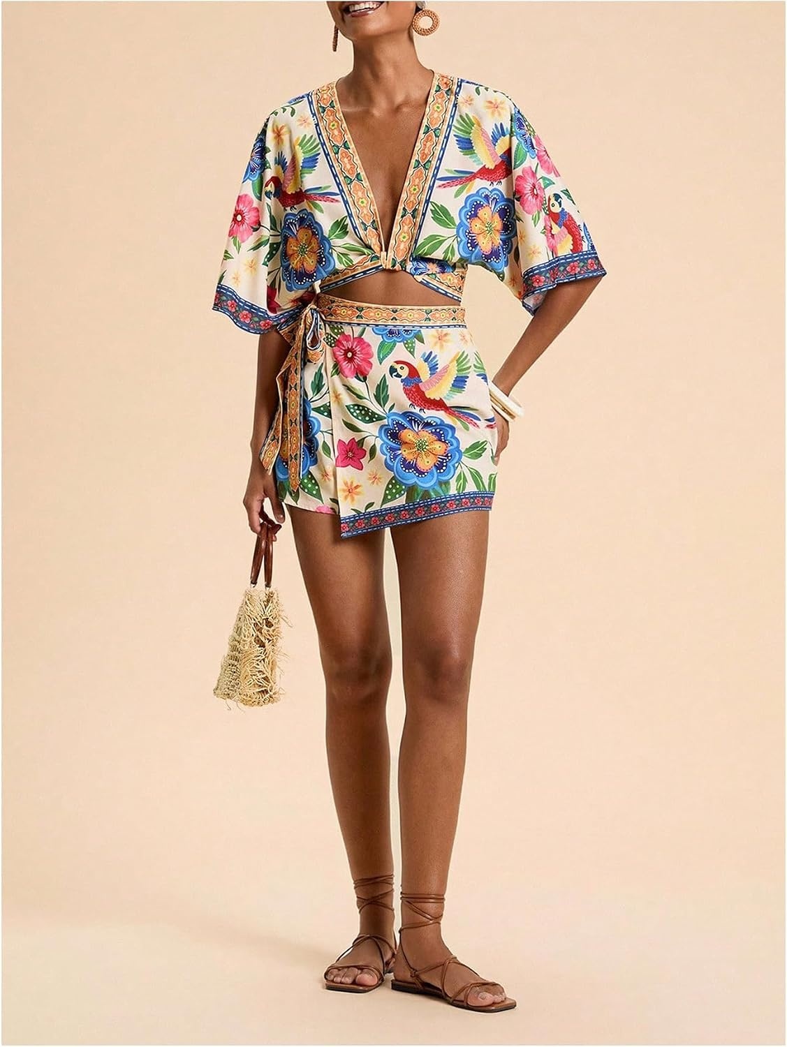 image:imageMakeMeChic Womens 2 Piece Summer Sets Boho Floral Crop Tops Wrap Skirt Set Resortwear Vacation OutfitsMulticolor