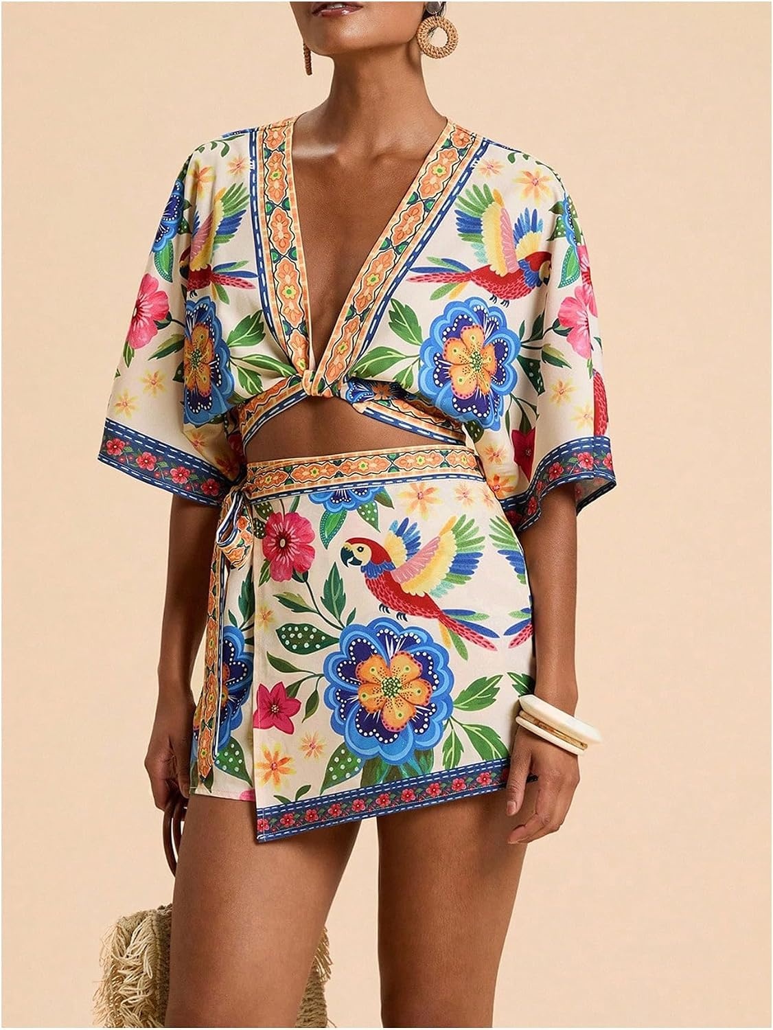 image:imageMakeMeChic Womens 2 Piece Summer Sets Boho Floral Crop Tops Wrap Skirt Set Resortwear Vacation OutfitsMulticolor