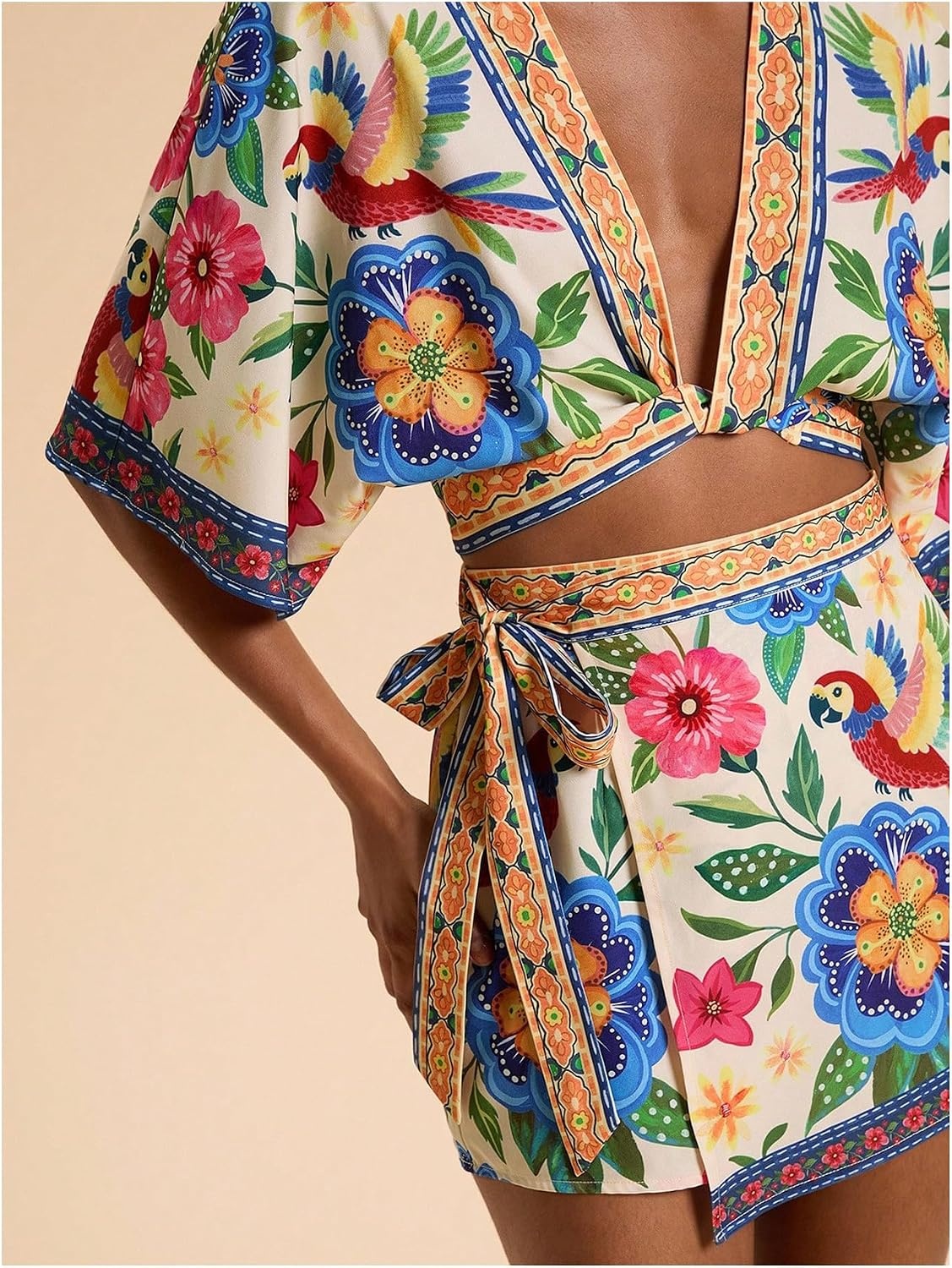 image:imageMakeMeChic Womens 2 Piece Summer Sets Boho Floral Crop Tops Wrap Skirt Set Resortwear Vacation OutfitsMulticolor