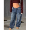 image:imageMakeMeChic Girls Baggy Straight Leg Jeans High Elastic Waisted Denim Pants Y2K Boyfriend Skater Streetwear 416YBow Print Blue