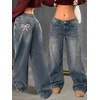 image:imageMakeMeChic Girls Baggy Straight Leg Jeans High Elastic Waisted Denim Pants Y2K Boyfriend Skater Streetwear 416YBow Print Medium Wash