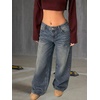 image:imageMakeMeChic Girls Baggy Straight Leg Jeans High Elastic Waisted Denim Pants Y2K Boyfriend Skater Streetwear 416YBow Print Medium Wash