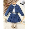 image:imageMakeMeChic Toddler Baby Girl 2 Piece Cute Outfits Long Sleeve Collared Denim Jacket and Pleated A Line Jean Skirt SetsDark Blue