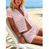 image:imageMakeMeChic Womens 2 Piece Sets Crochet Beach Cover Ups Boho Tops Mini Shorts Set Vacation OutfitsLight Pink