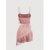 image:imageMakeMeChic Womens 2 Piece Summer Outfits Suede Fringe Sleeveless Cami Top and Shorts Cowgirl SetsPink