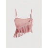 image:imageMakeMeChic Womens 2 Piece Summer Outfits Suede Fringe Sleeveless Cami Top and Shorts Cowgirl SetsPink
