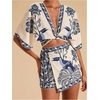 image:imageMakeMeChic Womens 2 Piece Summer Sets Boho Floral Crop Tops Wrap Skirt Set Resortwear Vacation OutfitsBlue and Khaki