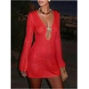 image:imageMakeMeChic Womens Crochet Beach Cover Ups Bathing Suit Swimsuit Coverup Mini DressBright Red