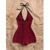 image:imageMakeMeChic Womens Halter Short Rompers Summer One Piece Jumpsuits Backless ShapewearSolid Burgundy